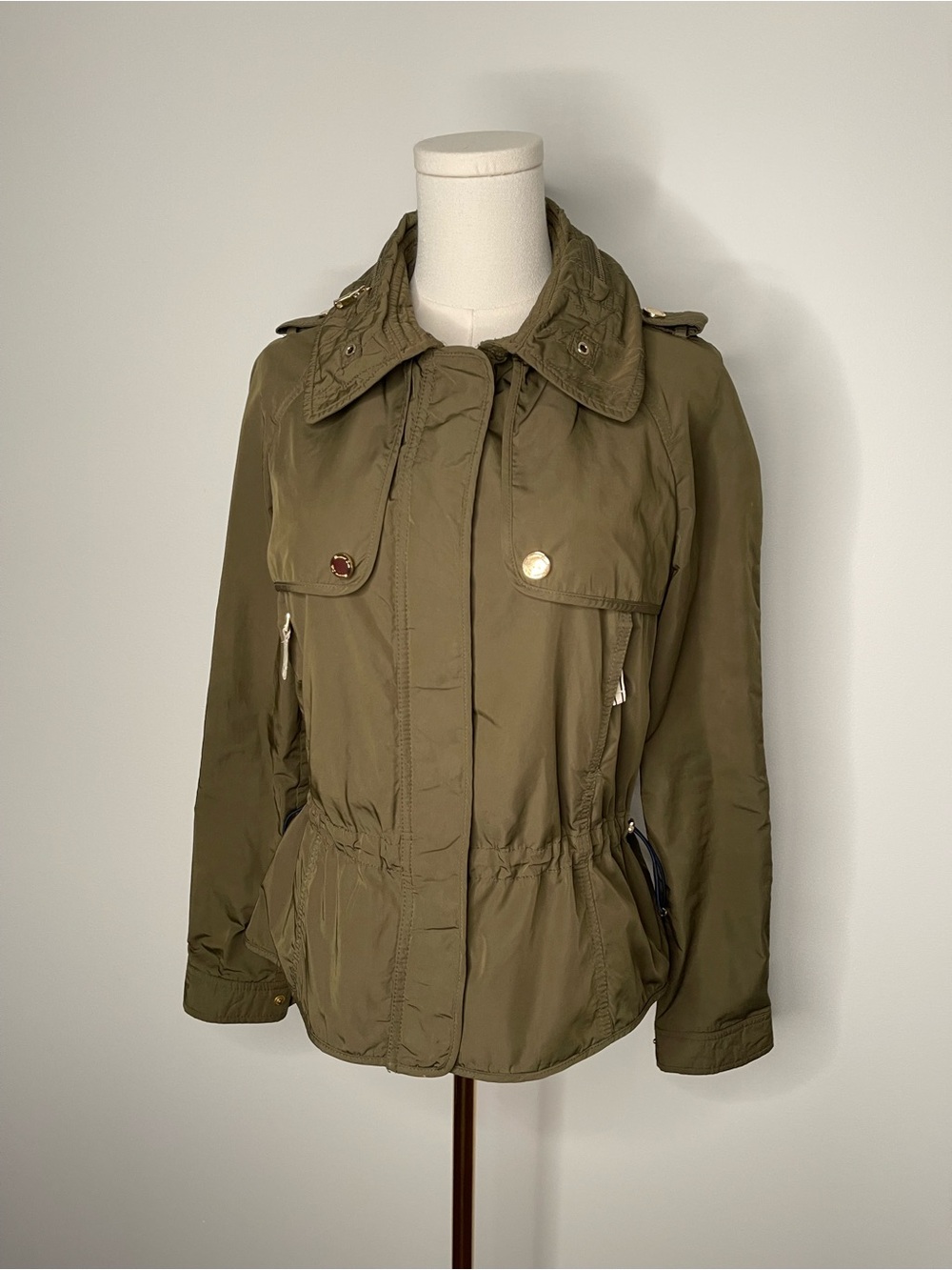 Massimo Dutti Khaki Green Gold Utility Jacket Parka Cinched Waist Hidden Hood